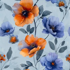 Floral pattern with orange and lilac flowers, hand painted in watercolor.
