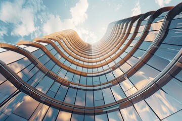 Low angle view of futuristic modern architecture Skyscraper of corporate office building Curve shape 3D rendering 