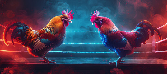 cockfighting on the neon boxing ring - obrazy, fototapety, plakaty