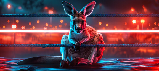 fighting kangaroo on the neon boxing ring - obrazy, fototapety, plakaty