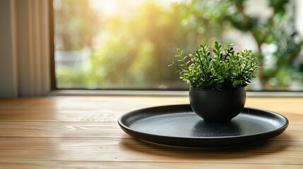 A black ceramic plate on a light wood table with a minimalist centerpiece, focusing on geometry and symmetry in table setting