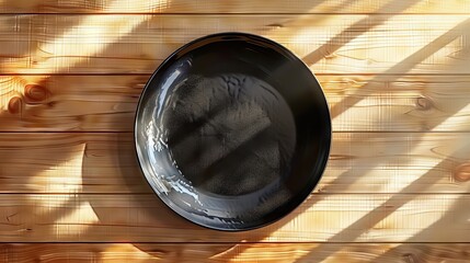 A top view of a glossy black plate on a light pine table, with natural light casting soft shadows, creating a warm, inviting atmosphere