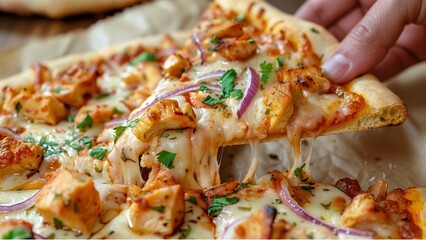close up of pizza,  a hand reaching for a slice of pizza with toppings that include chunks of chicken, melted cheese, red onions, and a sprinkling of herbs - obrazy, fototapety, plakaty