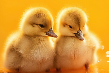 Two fluffy ducklings waddling side by side, against a sunny orange backdrop, with water droplets on their downy feathers. - obrazy, fototapety, plakaty