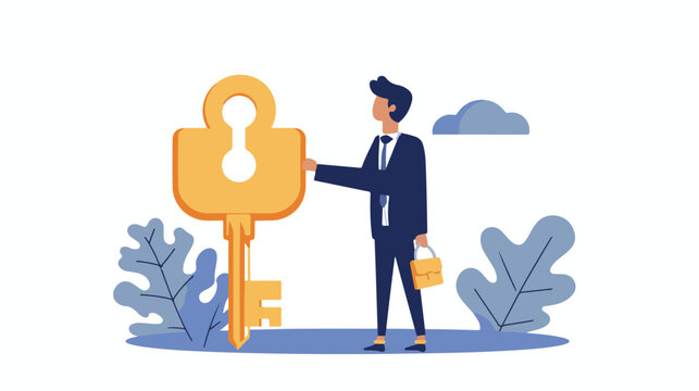 Business person holding big key for a problem solution