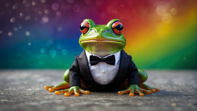 A unique image of a frog in a black-tie outfit with a bow tie, projecting a theme of sophistication, elegance, and a touch of humor