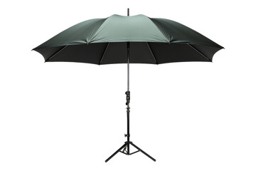 Emerald Shadows: A Black and Green Umbrella Perched on a Tripod. On White or PNG Transparent Background.