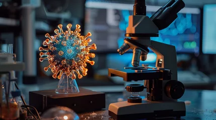 Fotobehang A 3D model of a computer virus under a digital microscope, studying its structure for better defense strategies © Phanuwhat