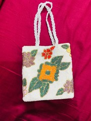 White handbag with beads embroidered handwork