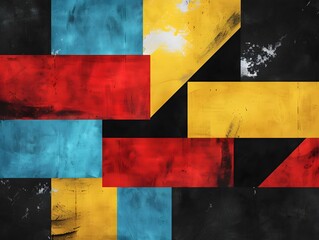 Modern backdrop, black, red, blue, yellow tones shapes 