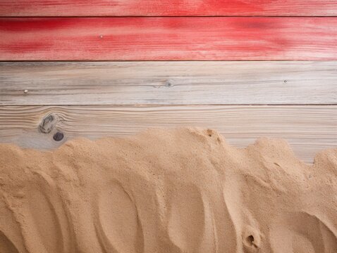Beach sand and red wooden background with copy space for summer vacation concept, text on the right side