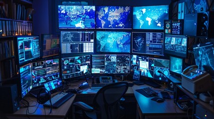 A cybersecurity experts desk, littered with multiple screens displaying various defense mechanisms - obrazy, fototapety, plakaty