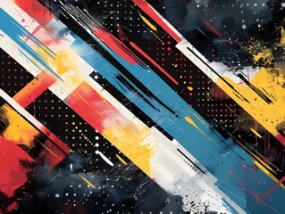 Modern backdrop, black, red, blue, yellow tones shapes 