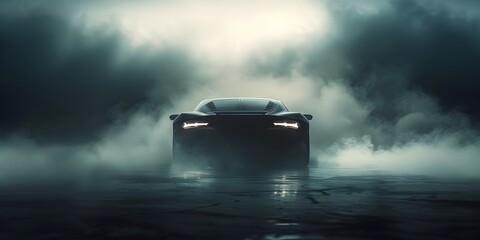 Powerful Sports Car Silhouette Emerging Through Mysterious Fog