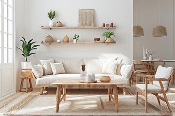 Scandinavian style living-room interior with wooden furniture on neutral white wall background