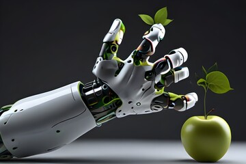 Robot hand future concept technology food science apple flower green industry arm isolated 3d plant artificial fruit. Future tech robot hand hold nature biology synthetic. AI Generative  Generative AI