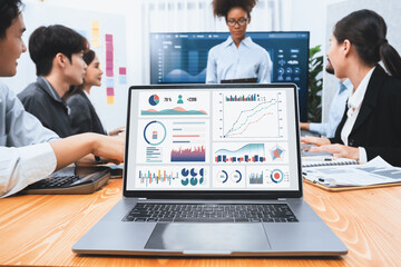 Digital financial BI dashboard data on laptop screen displaying data analysis graph and chart for...