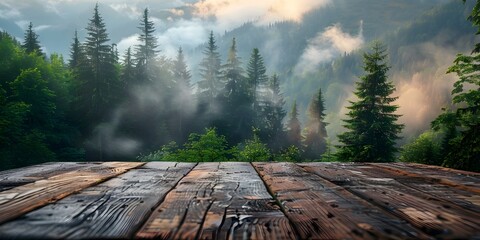 Rustic Wooden Table Set Against Misty Backdrop of Serene Forest Landscape with Copyspace