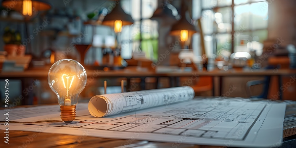 Poster architect s workspace with blueprints models and illuminating bulb signifying design and building so