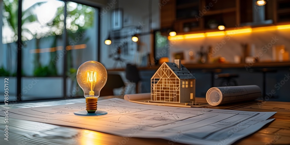 Poster architect s workspace with blueprints models and illuminating idea
