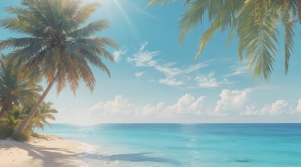 Fototapeta na wymiar pastel summer background blue transparent Water, Sun and palm trees