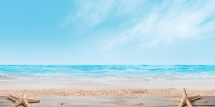 Beach sand and sky blue wooden background with copy space for summer vacation concept, text on the right side