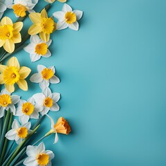 Fototapeta na wymiar Daffodils daffodils isolated on blue turquoise paper table texture background, top view