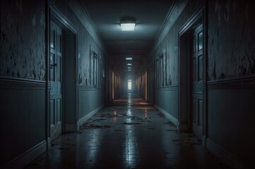 Creepy corridor in a dark room.