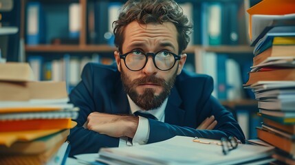 Business man in suit and glasses working at the desk on his workplace at office with a pile of folders and a stack of papers. Tired concentrated accountant making calculations analyzing company  - obrazy, fototapety, plakaty