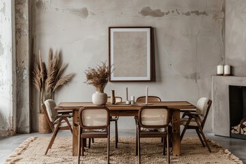 Stylish rustic interior of dining room with walnut wooden table, retro chairs, pedant lamp, fireplace, dried flower, candlestick mock up picture frame and carpet in minimalist home decor - obrazy, fototapety, plakaty