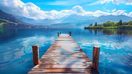 Obraz premium Wooden pier on the lake beautiful landscape summer