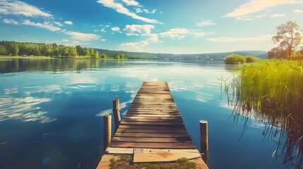 Obraz premium Wooden pier on the lake beautiful landscape summer