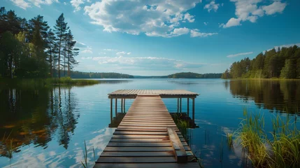 Poster Wooden pier on the lake beautiful landscape summer © Valentin