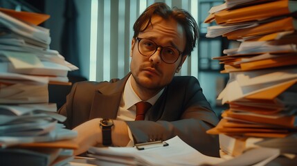 Business man in suit and glasses working at the desk on his workplace at office with a pile of folders and a stack of papers. Tired concentrated accountant making calculations analyzing company  - obrazy, fototapety, plakaty