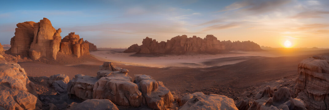 The image captures a serene sunrise over desert ruins, showcasing the natural beauty and history