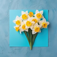 Daffodils daffodils isolated on blue turquoise paper table texture background, top view