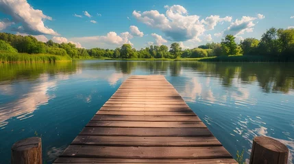 Tafelkleed Wooden pier on the lake beautiful landscape summer © Valentin