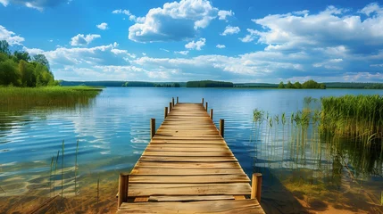 Fototapete Rund Wooden pier on the lake beautiful landscape summer © Valentin