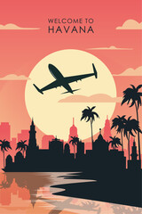 Welcome to Havana, Cuba. Retro city poster with abstract shapes of skyline, buildings, plane flying over shore. Vintage South America travel vector illustration