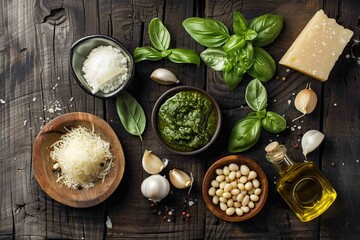 The ingredients for homemade pesto sauce basil, parmesan cheese ,garlic, olive oil , pine nut ,peppercorn and himalayan salt on shabby wooden background with flat lay - obrazy, fototapety, plakaty