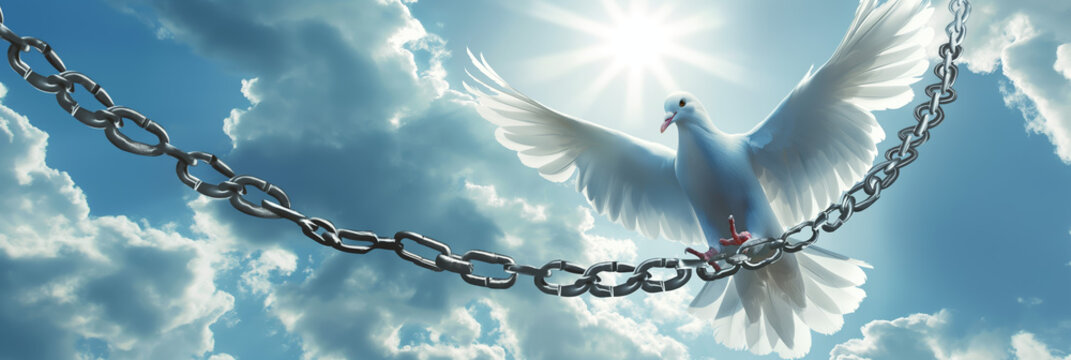 A symbol of peace and freedom, a white dove breaks from metallic chains against a blue sky, sun rays filtering through clouds
