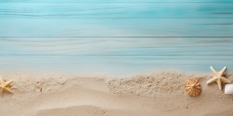 Fototapeta na wymiar Beach sand and turquoise wooden background with copy space for summer vacation concept, text on the right side
