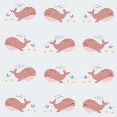 Cute animal baby print. Cute whale pattern for kids. Cute characters. Underwater background