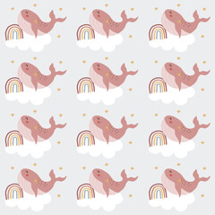 Obraz premium Cute animal baby print. Cute whale pattern for kids. Cute characters. Underwater background