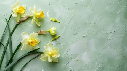 .Fresh Daffodils on Soft Green Textured Background.