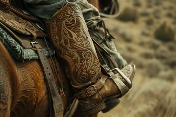 Close-up of a cowboy's ornate boot and spur on horseback in a rugged landscape
