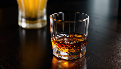 Glass with whiskey on a wooden table