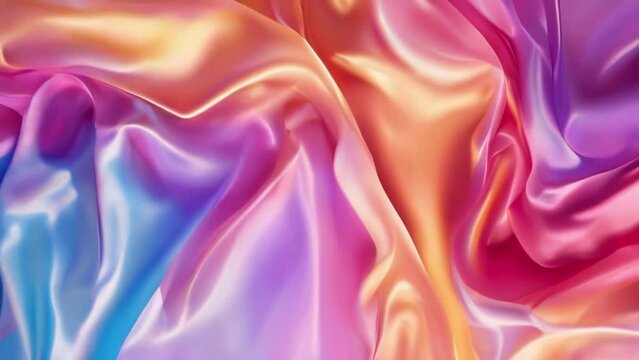 Fabric. Dynamic swirls of silk fabric in Motion, with a harmonious blend of pink, purple, and golden hues creating a fluid and vivid visual texture.