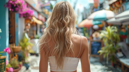 Urban Lifestyle Photography. Blonde Woman Exploring Colorful Street.