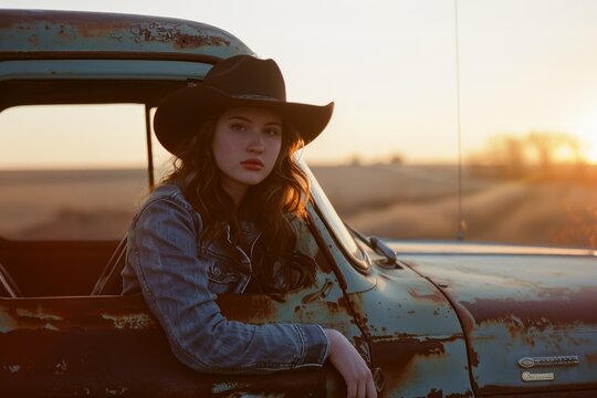 Cowgirl in denim jacket leaning on a rusty truck during sunset